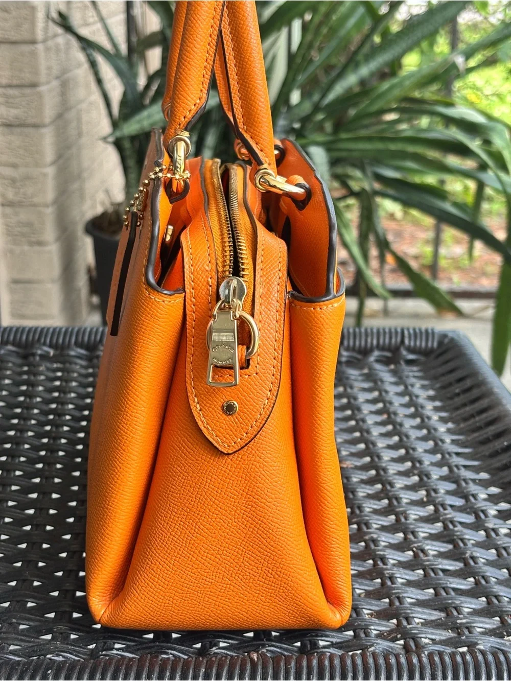Coach Mini Lillie Carryall Satchel Bright Orange Sunbeam Crossgrain Leather Bag